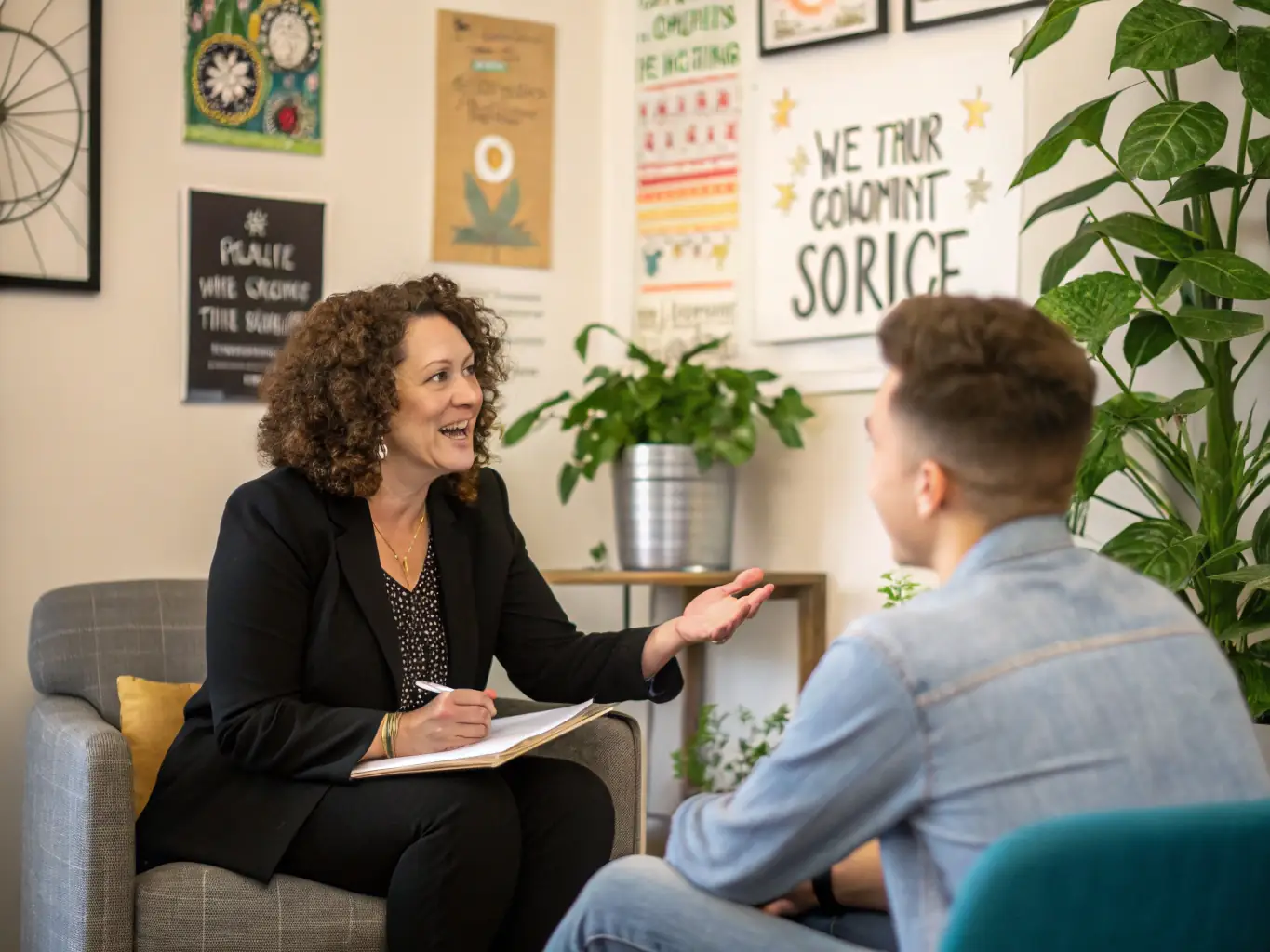 A dynamic image showing a one-on-one mentoring session, with a coach and client discussing business strategies in a modern office setting. The atmosphere is collaborative and focused, highlighting personalized support.