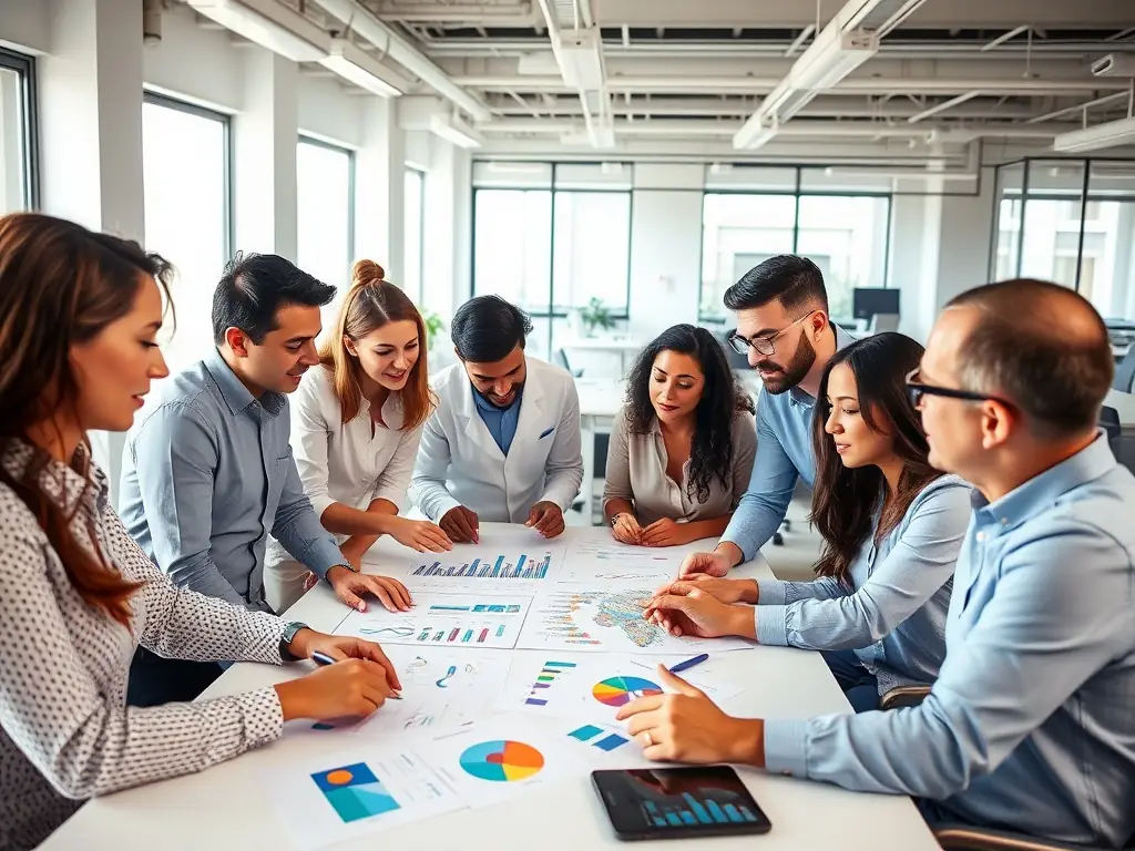 Zdjęcie zespołu analizującego procesy na tablicy z diagramami i wykresami, w tle widać nowoczesne biuro.
