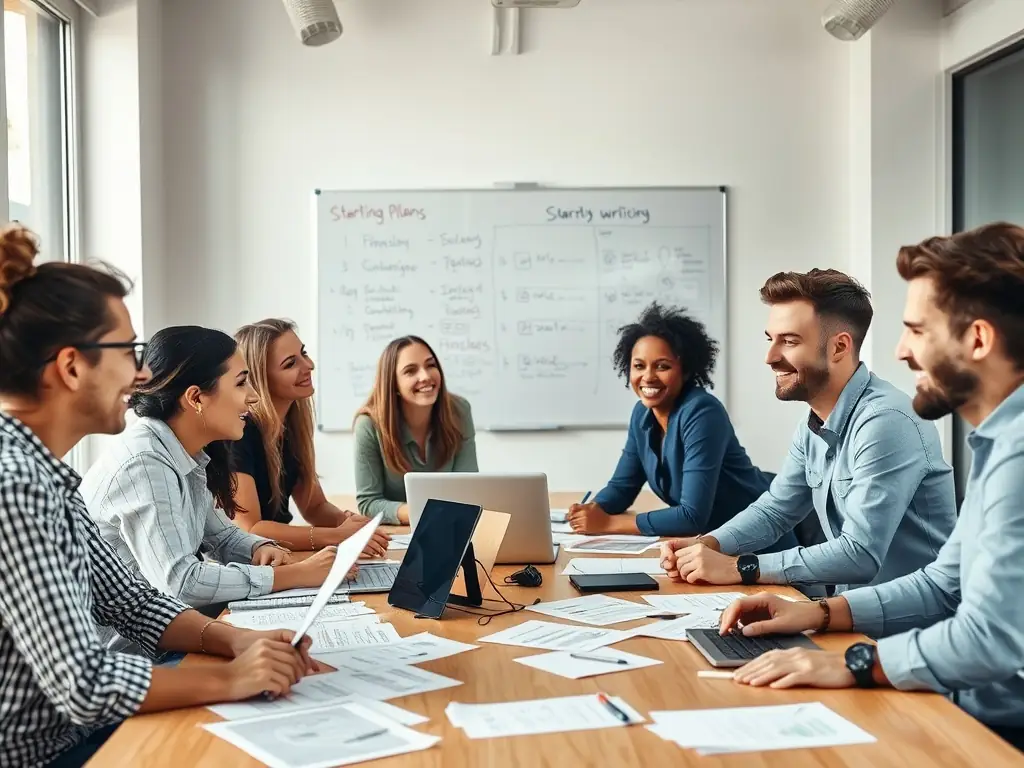 Zdjęcie grupy uczestników podczas warsztatów strategicznych z trenerem, pracujących nad strategią na tablicy suchościeralnej.